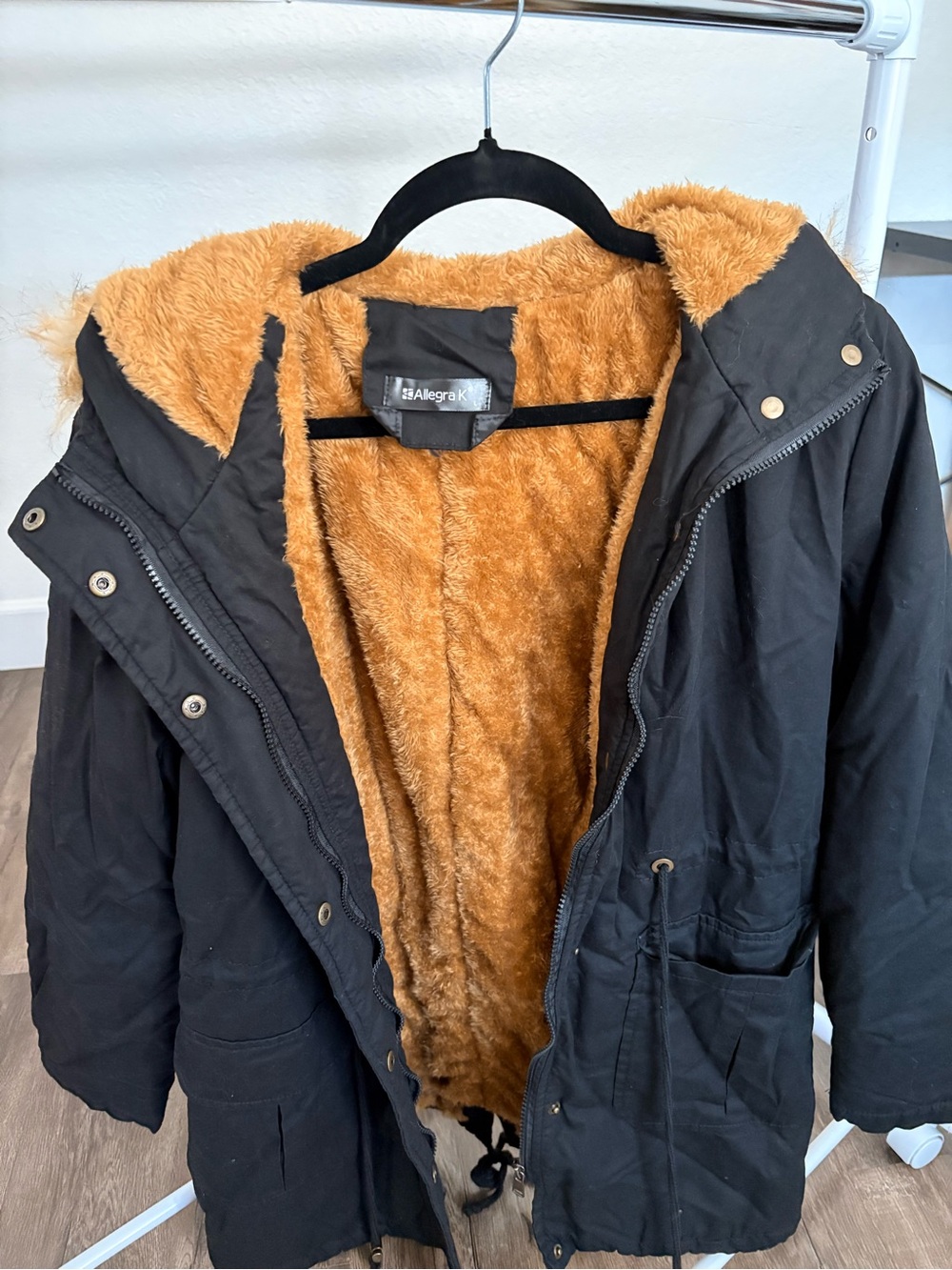 Allegra K Women’s Black Field Jacket with Tan Faux-Fur Lining